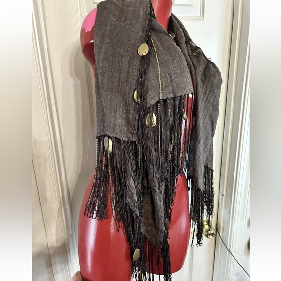NWT ECHO 100% LINEN DARK BROWN FRINGE METAL BOHO SCARF - SQUARE - 43"X43" NEW - Picture 5 of 12